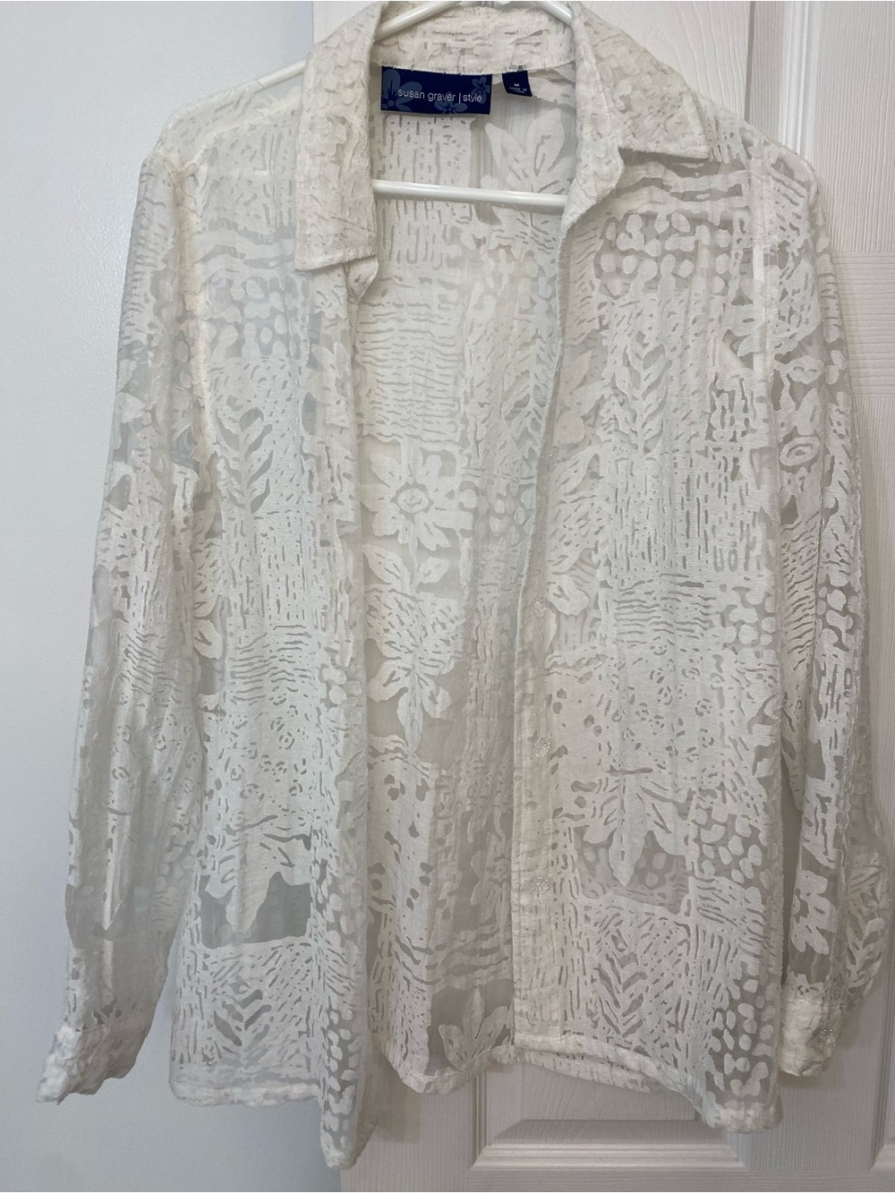 Susan Graver White Sheer Burnout Floral Blouse